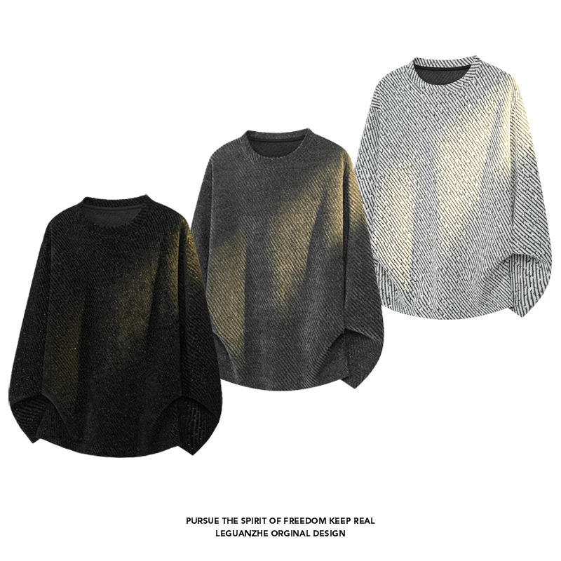 Street Fashion Tshirt - Men Diagonal Stripe Textured Long Sleeve
