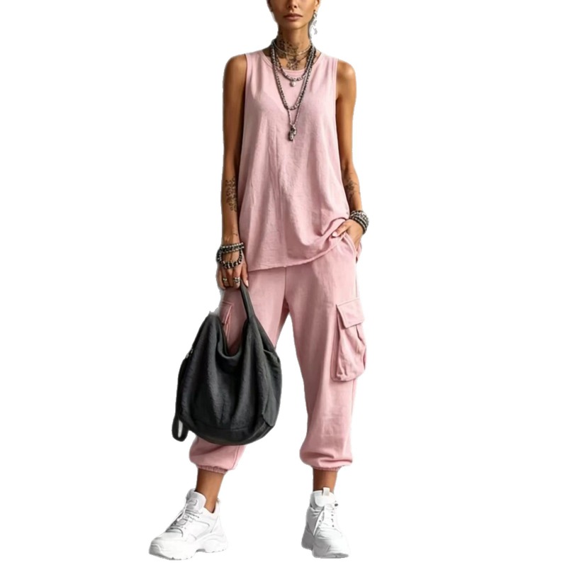 Cargo Pant Wide - Women Solid Sleeveless Round Neck Knit