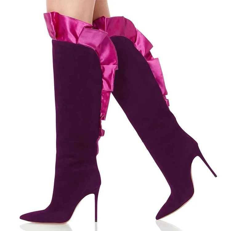 Street Fashion Designer - Suede Ruffles Pleated Pointed Toe Knee-High