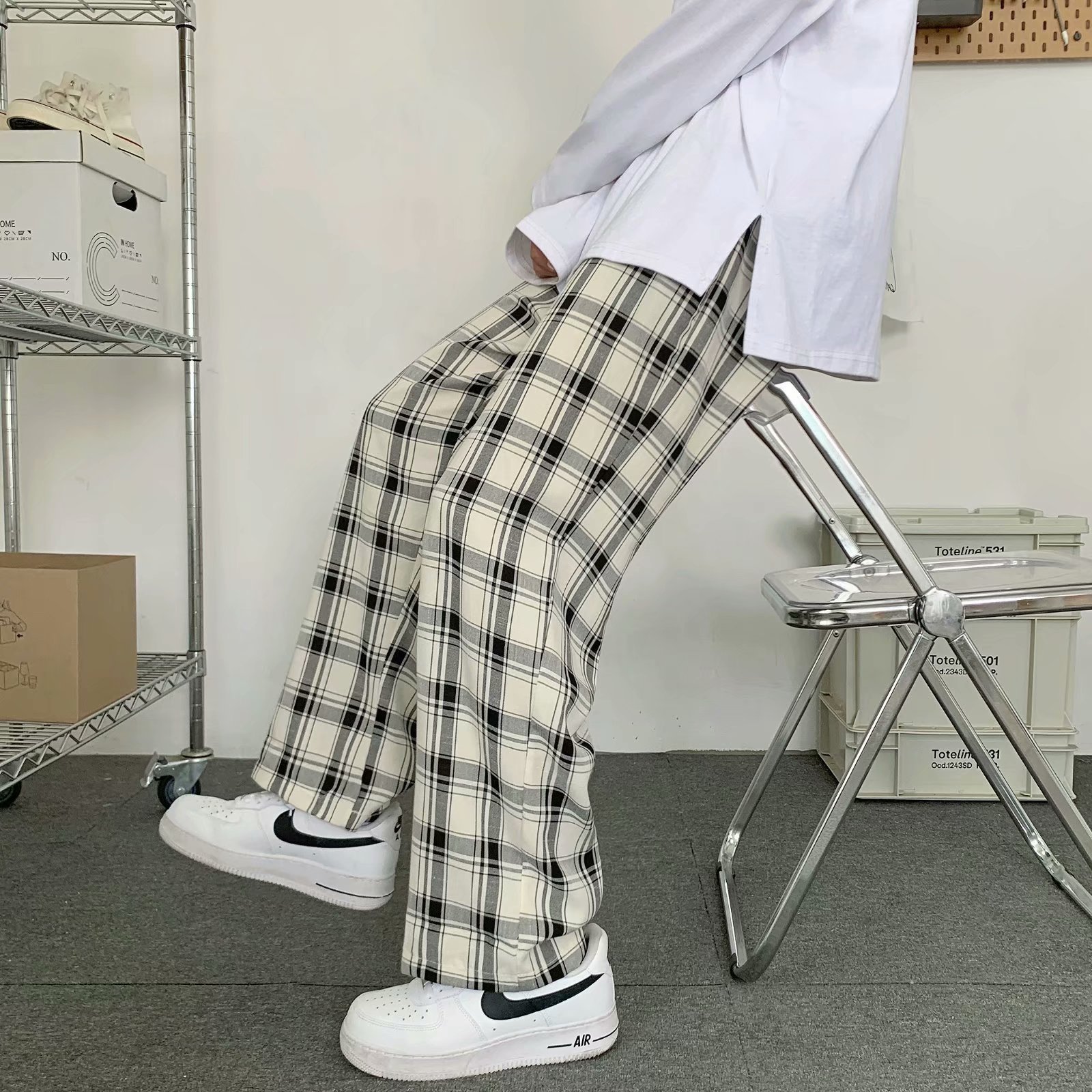Men Plaid Pants Korean Style L - Cargo Pant Wide 评论和价格