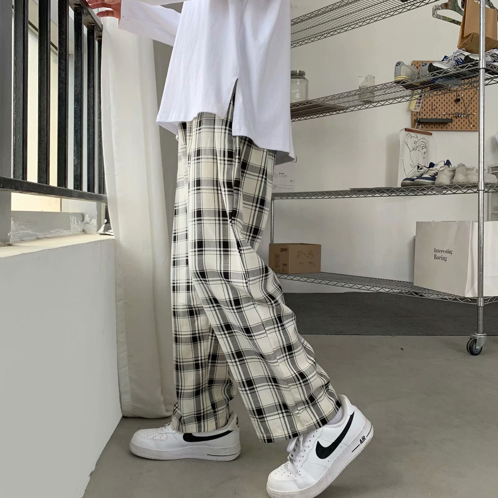Men Plaid Pants Korean Style L - Cargo Pant Wide 评论和价格